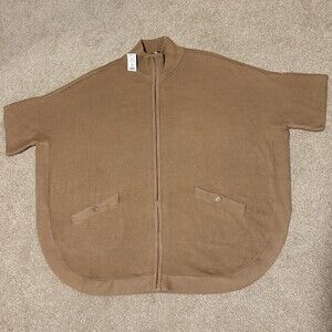 NWT WHBM Womens Knit Poncho Sweater Full Zip Mock Neck Camel Brown Tan, Sz S / M